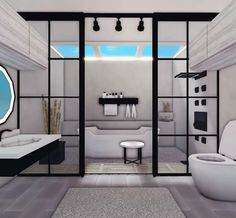 a modern bathroom is shown in white and black