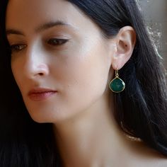 Green Onyx Drop Earrings  Gold Bezel Gemstone Earrings by delezhen, $72.00 Green Stone Earrings, Memorial Day Sale, Drop Earrings Gold, Gold Statement Earrings, Onyx Earrings, May Birthstone, Birthstone Gifts, Holiday Jewelry, Earrings Drop