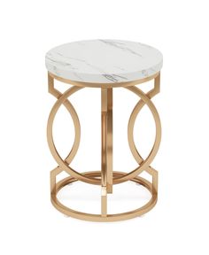 a white marble top and gold metal base side table with circular design on the bottom