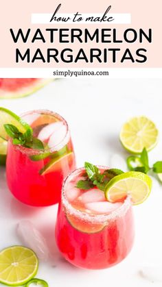 two glasses filled with watermelon margaritas sitting on top of a white table