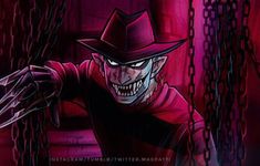 an animated image of a creepy man in a red hat with chains around his neck