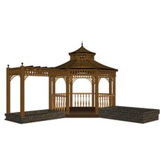 a wooden gazebo sitting on top of a stone wall next to a brick walkway