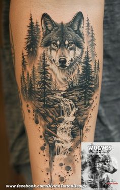 a wolf with trees and water on his leg