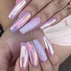 Homecoming Updos, Pink Holographic Nails, Lilac Nails, Mirror Nails, Lavender Nails, Unicorn Nails, Holographic Nail Polish, Purple Nail, Cute Acrylic Nail Designs