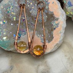 These Lightweight Citrine Crystal Earrings Feature Top Of The Line High Quality Citrine Beads They Are Wire Wrapped In Bare Copper Wire And Hand Forged, Sanded And Designed By Seller @Lulusfringe Length Is About 2” Hypoallergenic Bare Copper Hooks Comes Gift Boxed Great Gift Idea For Anniversary / Birthday Weddings / Holidays Mother’s Day Or Just Because Definitely Has That Boho Hippie Earthy Vibe Amber Copper Earrings As Gift, Amber Czech Glass Drop Earrings, Handmade Dangle Citrine Earrings, Handmade Citrine Dangle Earrings, Wire Wrapped Citrine Dangle Earrings, Handmade Citrine Teardrop Jewelry, Copper Beaded Teardrop Earrings For Gifts, Amber Wire Wrapped Drop Earrings, Teardrop Copper Beaded Earrings For Gift