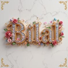 the word bail is made up of flowers and beads on a marble background with gold lettering