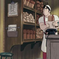 a cartoon character standing in front of a counter