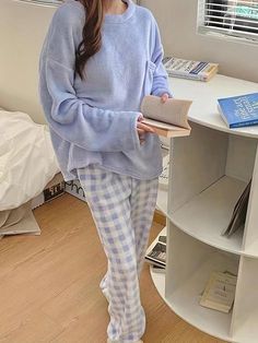 Blue  Collar   Plaid,Plain Pant Sets Embellished Non-Stretch Winter Women Sleep & Lounge Mens Night Suit, Night Suit For Women, Warm Pajamas, Plaid Pajama, Plaid Pajama Pants, Women's Loungewear, Plain Pants, Dream Outfits, Buy List