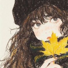 a drawing of a woman holding a yellow leaf