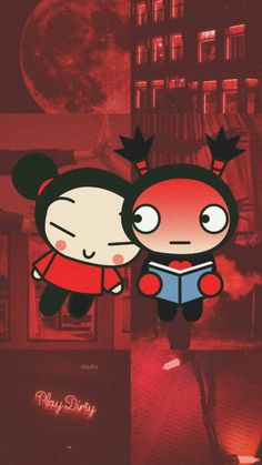 two cartoon characters are standing next to each other in front of a red background with the moon