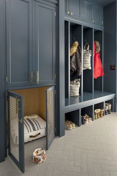 a room with blue cabinets and shoes on the floor