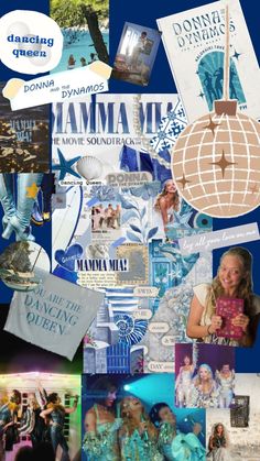 the collage shows many different things in blue and white colors, including an image of a