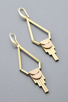 BKN218 – David Aubrey Jewelry David Aubrey Earrings, Handmade Brass Art Deco Jewelry, Artistic Brass Dangle Earrings, Art Deco Brass Jewelry With Vintage Charm, Minimalist Triangle Brass Jewelry, Brass Hook, 18k Gold, Gold Plate, Plating