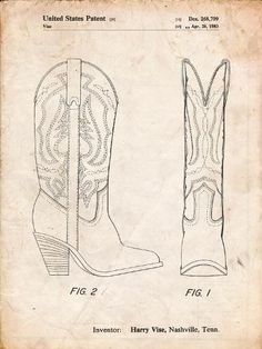 an old book with drawings of cowboy boots on the front and back side, in black ink