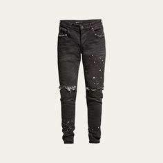 PURPLE jeans in black wash distressed denim. Approx. length:  10.5" rise, 33" inseam, 12.5" leg opening, based on a size 32. Paint-splattered accent. Five-pocket style. Low rise. Released hem. Slim fit through skinny legs. Button/ zip fly; belt loops. Cotton/Lycra® spandex. Machine wash. Imported. Urban Black Ripped Jeans, Fitted Ripped Washed Black Jeans, Fitted Washed Black Ripped Jeans, Urban Ripped Washed Black Jeans, Urban Style Ripped Washed Black Jeans, Urban Washed Black Ripped Jeans, Purple Jeans, Purple Guy, Slim Fit Men