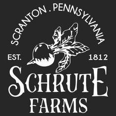 the schrute farms logo is shown in white on a black background, with an image of a bird flying over it