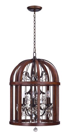 a wooden chandelier hanging from the ceiling with crystal beads in an ornate cage