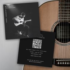 an acoustic guitar and business card with qr code printed on the front, back and sides