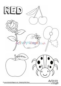 a coloring page with the words red and an apple, flowers, leaves, and a ladybug