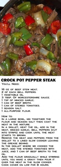 the recipe for crock pot pepper steak is shown in an image above it's description