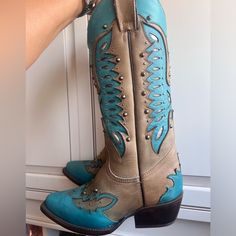 Never Been Worn. They Run Small And Narrow! I’m A Solid 6.5 But They Fit Snug More Like A 6. I Couldn’t Return Them So I Ordered A 7 And They Fit Perfect! New In Box! Some Of The Pics Look More Blue But They Are Turquoise Like The First Picture. Leather Top To Bottom! Great Dancing Boots! Blue Boots For Western-themed Fall Events, Blue Snip Toe Boots For Rodeo, Blue Snip Toe Boots For Fall, Blue Boots With Snip Toe For Fall, Blue Fall Boots With Snip Toe, Turquoise Leather Boots For Western-themed Events, Blue Snip Toe Boots With Reinforced Heel, Blue Patina Boots With Round Toe, Blue Round Toe Boots With Patina