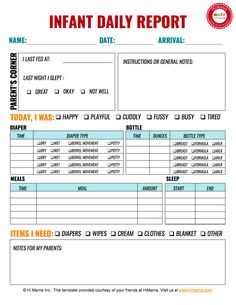 an invoice form with the words infant daily report