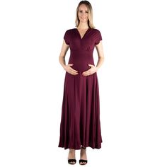 A formal look has never been so comfortable. With its regal full-length skirt this womens maternity maxi dress makes for an elegant formal or casual look. Featuring a v-neck line and v cut on the back, cap sleeves, flared a line skirt, defined empire waist, and is made from a soft and comfortable stretch material in four beautiful year round colors and it is machine washable for easy care. The perfect dress to keep in your closet for any special occasions or just an eye catching date night look. Fitted V-neck Maternity Maxi Dress, Fitted V-neck Maxi Dress For Maternity Wear, Fitted Empire Waist Maxi Dress, Elegant Solid Color Maternity Dress, Fitted Solid Color Maxi Dress With Empire Waist, Fitted Maxi Dress With Empire Waist, Empire Waist Maxi Dress For Maternity Wear, Elegant Fitted V-neck Maternity Dress, Fitted Empire Waist Maternity Maxi Dress