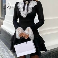 Ingvn - Women Eyelash Lace Bell Sleeve Ruffles Dress Party Elegant Fashion Black / S Party Dress Elegant, Ruffles Dress, Sleeve Ruffles, Dress Elegant, Dress Party, Above Knee, Elegant Fashion, Ruffle Dress, Bell Sleeve