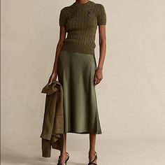 Slim Fit. Intended To Hit At The Mid-Calf. Concealed Elastic Waistband. Pull-On Styling. Mermaid Hem. Unlined. Triacetate, Polyester. Dry Clean. Imported. Model Is 5'10"/178 Cm And Wears A Us Size 2. Satin Skirt Outfit, Ralph Lauren Skirts, Satin Midi Skirt, Cable Sweater, Skirt Midi, Satin Skirt, Short Sleeved Sweaters, Office Outfits, Work Fashion