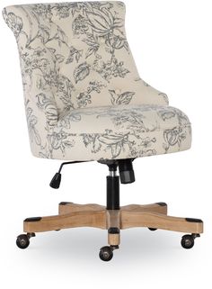 an office chair with wheels and a floral print upholstered on the backrest