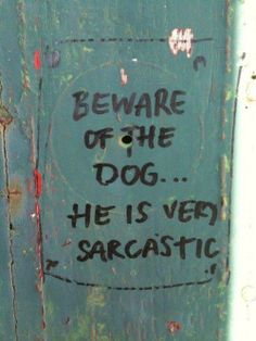 graffiti on the side of a door that says beware of the dog he is very sarcastic