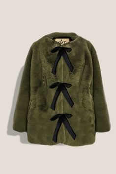 Created with a very feminine flair and butler collar tied off with our grosgrain bows. It is the utmost of a ladylike style. Green Fur Coat Outfit, Bow Jacket, 2025 Vibes, Birkin Mom, Core Fashion, Chic Jacket, Green Fur, Outerwear Trends, 2023 Wishlist