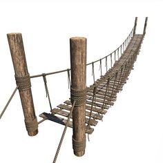 a rope bridge with wooden posts and ropes attached to the sides, on an isolated white background