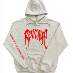 This Is The Xxxtentacion Revenge Hoodie With Revenge Design On The Front And “Revenge Is In The Creators Hands” On The Sleeve On A Sand Colored Hoodoe With Red Designs. Red Band Merch Sweatshirt For Streetwear, Xxxtentacion Hoodie, Revenge Hoodie, Red Design, Sand Color, Design Color, Hoodie Design, Christmas List, Revenge