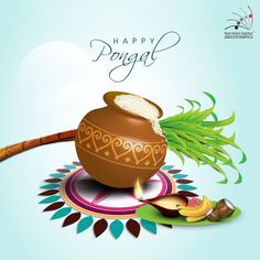 happy pongai festival greeting card with pot and coconut on colorful background stock photo