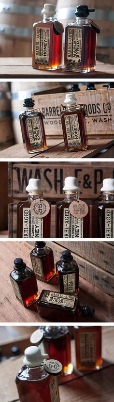 four different shots of various types of syrups on wooden trays with labels that read wash & bleach