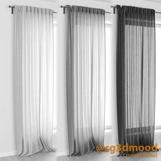 three different types of curtains hanging in front of a window with white walls and wood flooring