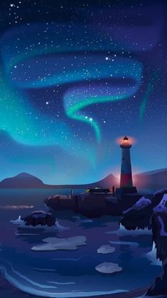 a lighthouse on the shore with an aurora light in the sky and stars above it