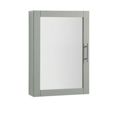 a mirror mounted to the side of a wall next to a white wall with a door