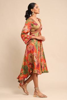 Orange empire yoke dress with all over multi color blossom print, intricate gathered flare and high-low hem. - Aza Fashions Yoke Dress, Ritu Kumar, Blossom Print, High Low Hem, Dress For Women, Aza Fashion, High Low Dress, High & Low, High Low