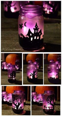 several pictures of halloween jars with purple lights and pumpkins in the background, including one that has a house on it