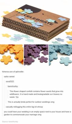 an advertisement for flowers that are made out of brown paper and blue, yellow and purple flowers