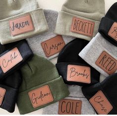 These Kids Beanie/Boggins w/ Personalized Patch and gloves are so cute on the littles ones. Patches are leatherette material that feels like soft leather and are laser engraved with the name of your choice. Great gift for family and friends or just for your own kiddos!  Choose from a variety of colors and fonts. Please see picture of fonts to be chosen and include the name on the beanie that features the font of your choice. We also carry infant sizes upon request. Toddler Hats Boy, Glowforge Ideas, Orange Beanie, Patch Beanie, Boys Beanie, Laser Engraved Ideas, Girl Beanie, Toddler Winter, Kids Beanies