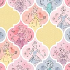 disney princesses wallpaper with different colors and designs on it's sides, including one