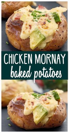 baked potatoes with chicken and cheese on them are shown in three different pictures, the top one has an avocado