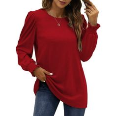 Fantaslook Womens Tunic Tops Crew Neck Long Sleeve Shirts Dressy Blouses This puff sleeve tops for women is a versatile and stylish addition to your wardrobe! Elevate your everyday fashion with womens long sleeve shirts that effortlessly blend comfort and sophistication. The high-quality fabric feels luxuriously soft against your skin, womens tops features crewneck, puff sleeve, pullover, tunic tops, casul style. Dressy blouses for women feature small folds on the shoulders, adding an alluring touch to your upper body. Designed to flatter your figure, the puff sleeves provide a flattering drape, womens tunic tops add a touch of femininity and slimming. Whether you're heading to the office, a casual gathering, or a night out with friends, Womens puff sleeve tops are the perfect go-to choice Casual Non-stretch Blouse With Lantern Sleeves, Casual Solid Color Blouse With Lantern Sleeves, Casual Puff Sleeve Blouse In Solid Color, Casual Puff Sleeve Solid Color Blouse, Casual Solid-color Blouse With Lantern Sleeves, Casual Blouse With Lantern Sleeves, Dressy Blouses For Women, Womens Tunic Tops, Puff Sleeve Tops