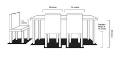 the table and chairs are shown with measurements for each chair, which is in different positions