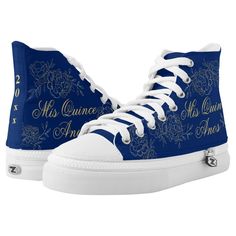 Fashion-forward Quinceanera Sneakers - designed for a super trendy, flats to heels transformation. The elegant floral design, in on-trend dark royal blue and gold, features fine, outline drawings of delicate sprays of flowers. The graceful lettering, in script typography, reads "Mis Quince Anos". On the back of these sporty sneakers, you can also add the year of your Quinceanera celebration. Please browse our store for coordinating quince court t-shirts, elegant quinceañera invitations and party Quinceanera Sneakers, Blue Gold Quinceanera, Royal Blue And Gold Quinceanera, 15 Party Ideas Quinceanera, Blue Quinceanera Theme, Royal Blue Quince, Royal Blue Quinceanera, Quince Dresses Royal Blue