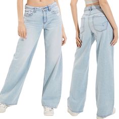 Nwt American Eagle Womens 20 Long Low Rise Skater Jean Baggy Wide Leg Light Wash Features: A Low Rise & Wide Leg For A Cool, Slouchy Fit Rigid - Classic Cotton Denim With No Stretch Light Wash Style 0437-3907 Color 404 "Ice Blue" 100% Cotton Low-Waisted With A Wide Leg Low 10.5" Rise 22" Leg Opening Inseam 32.5” Waist (Flat Lay) 20.5” Size: Womens 20 Long Condition: New With Tags Please Review The Approximate Measurements To Ensure The Proper Fit. Jean Baggy, Dark Wash Jeans Women, Denim Texture, Flair Jeans, Size 12 Women, Skater Jeans, Low Rise Flare Jeans, High Waisted Flares, Medium Wash Jeans