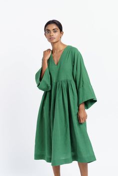 Basil green gathered midi dress Western Region, Handwoven Fabric, Necklines For Dresses, Organic Cotton Fabric, Women Artisans, Independent Designers Fashion, Dressed Down, Nordstrom Dresses, Xl Dress